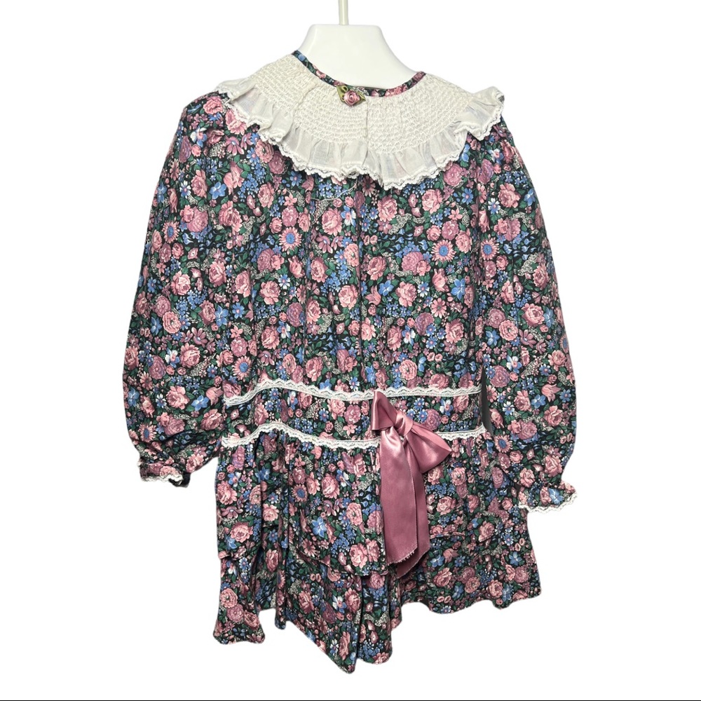 VINTAGE 80's/90's Girls L/S Black & Multi Color Floral Peaches N' Cream Dress 6X